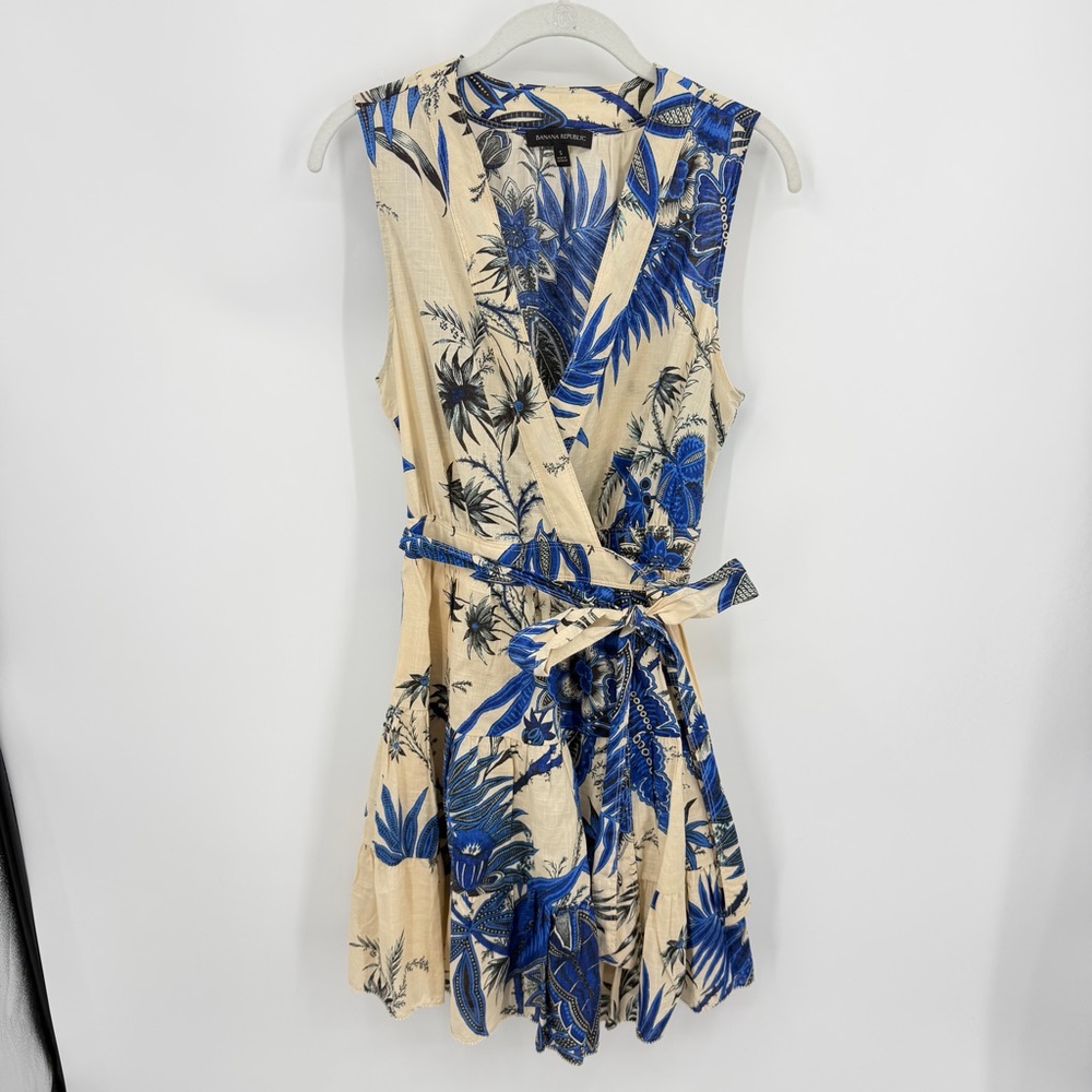 Banana Republic Stampa Blue Cream Floral tiered Wrap Mini Dress‎ sz S sleeveless